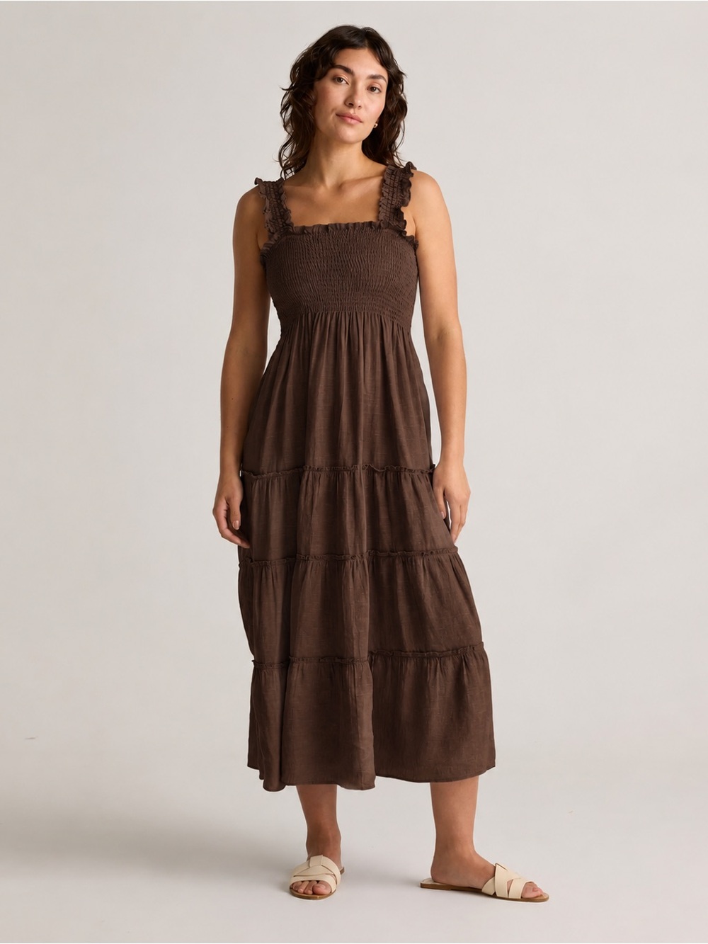 NEW Quince 100% European Linen Smocked Midi Dress Small Chocolate Brown Flowy